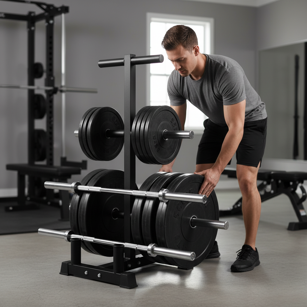 Premium Heavy Duty Bumper Plate Storage Rack with 4 Bar Holders and Black Powder-Coated Steel Construction